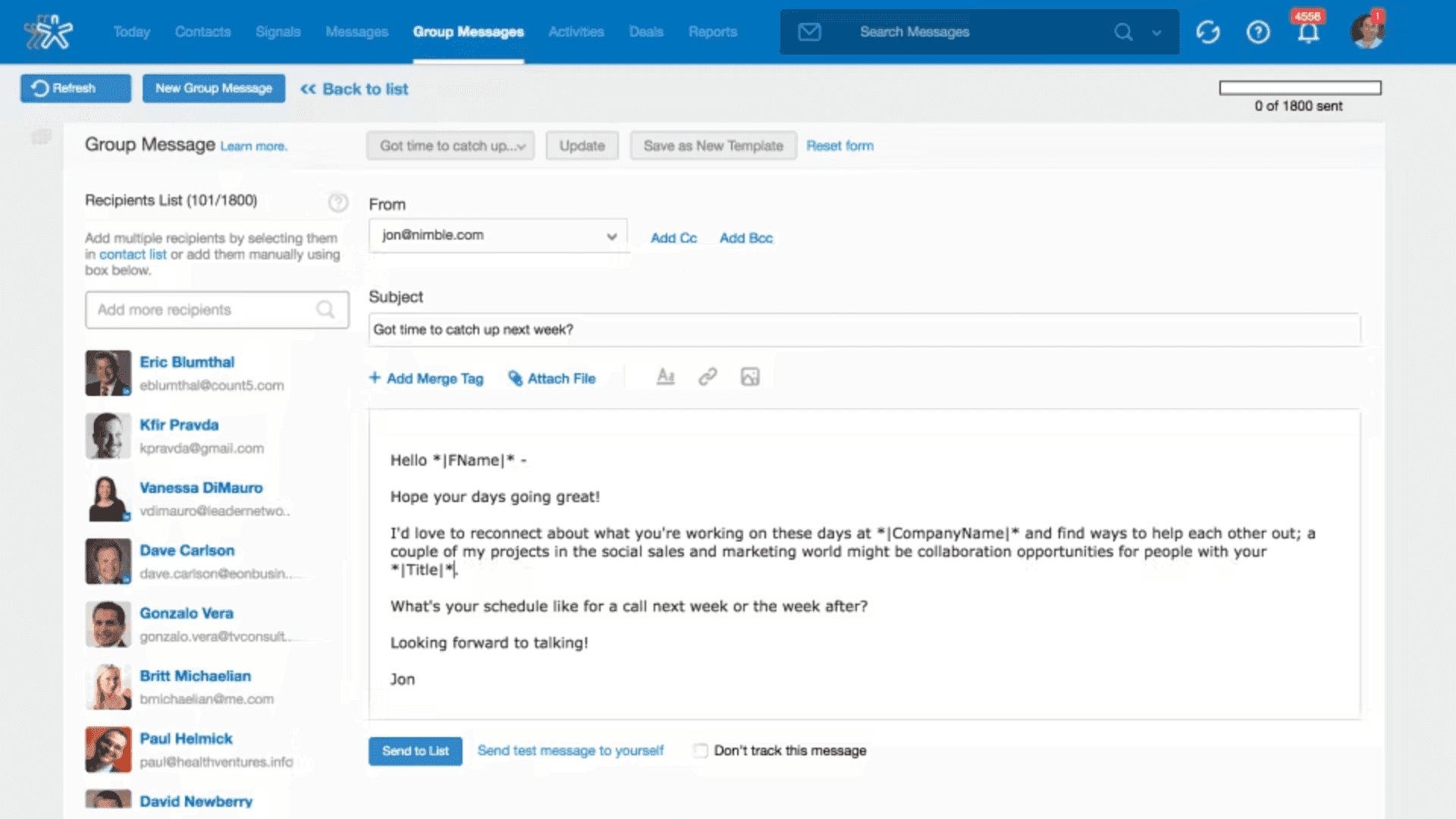 Nimble’s interface for group message that sports a similar look to traditional emails