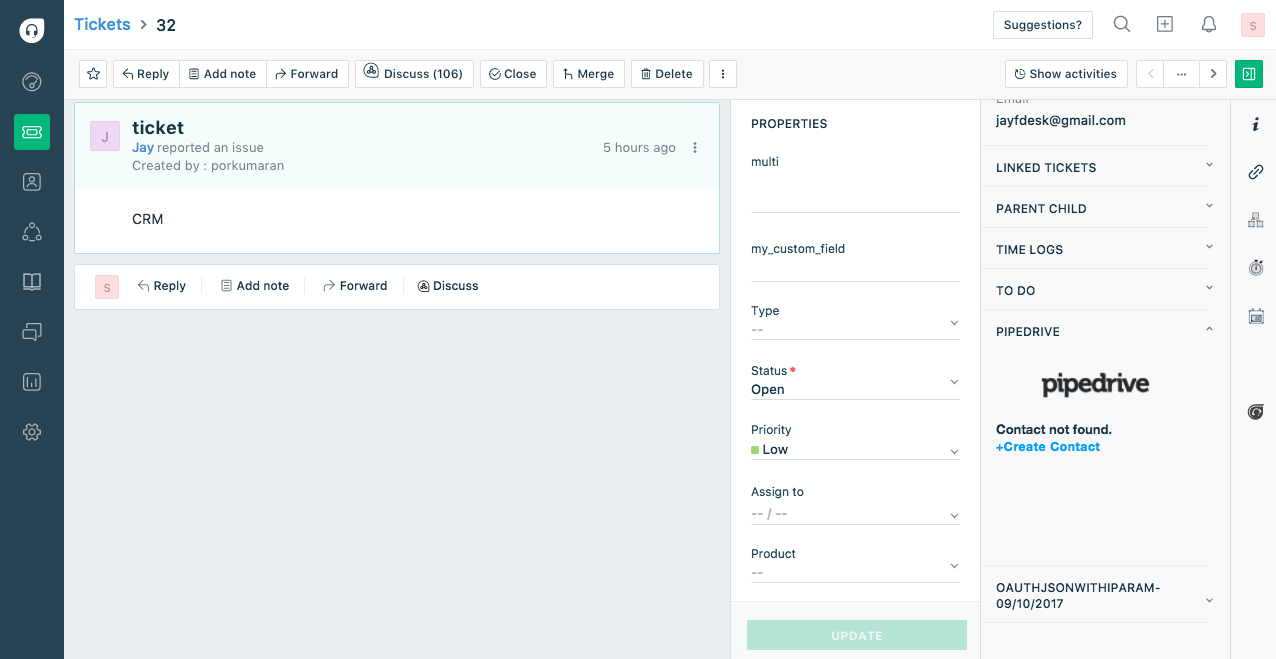 Interface of freshdesk for sales reps to work on tickets
