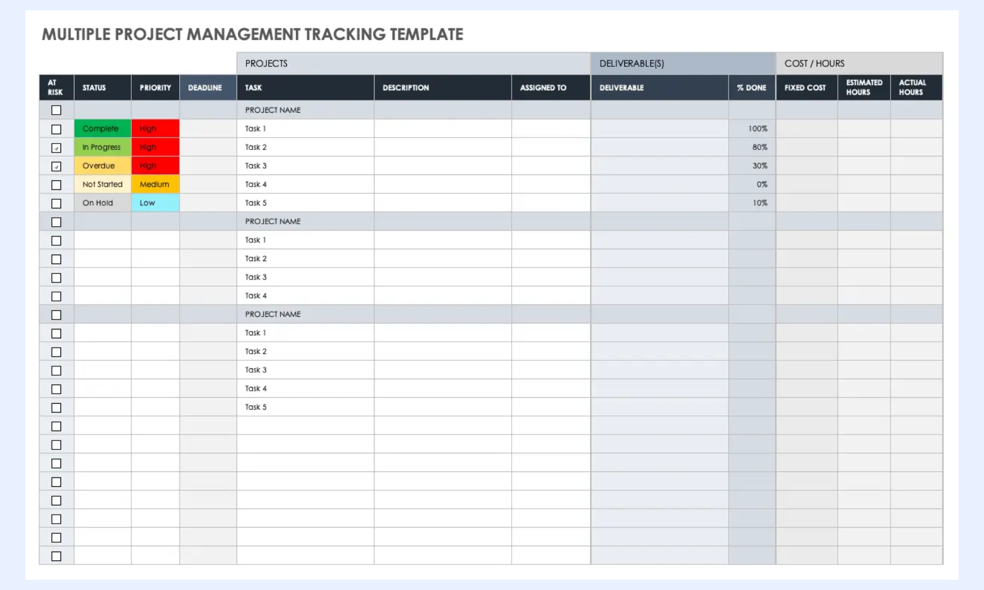 Multi-project tracker template with a summary sheet pulling status