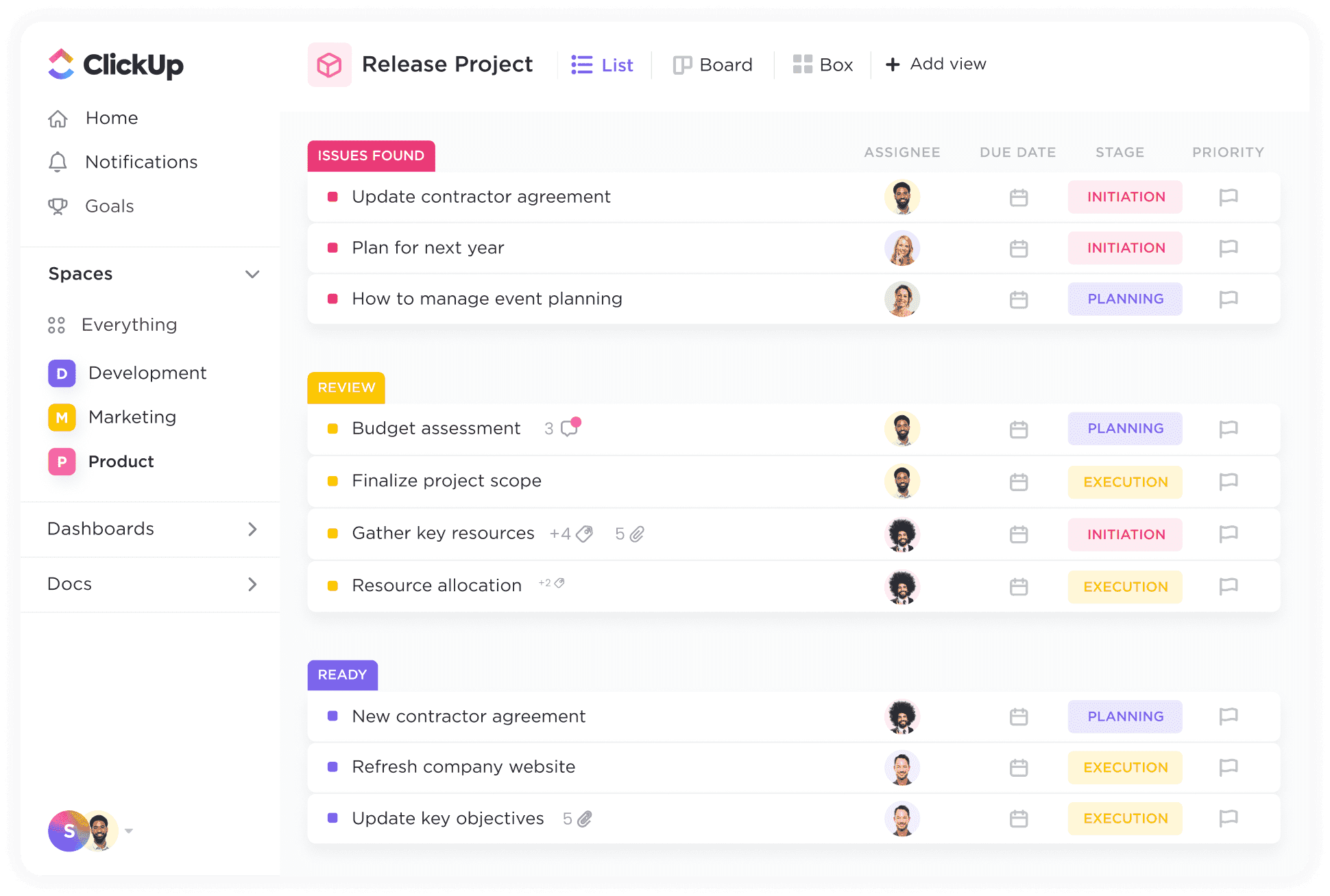 Clickup's tasks visualized in list view