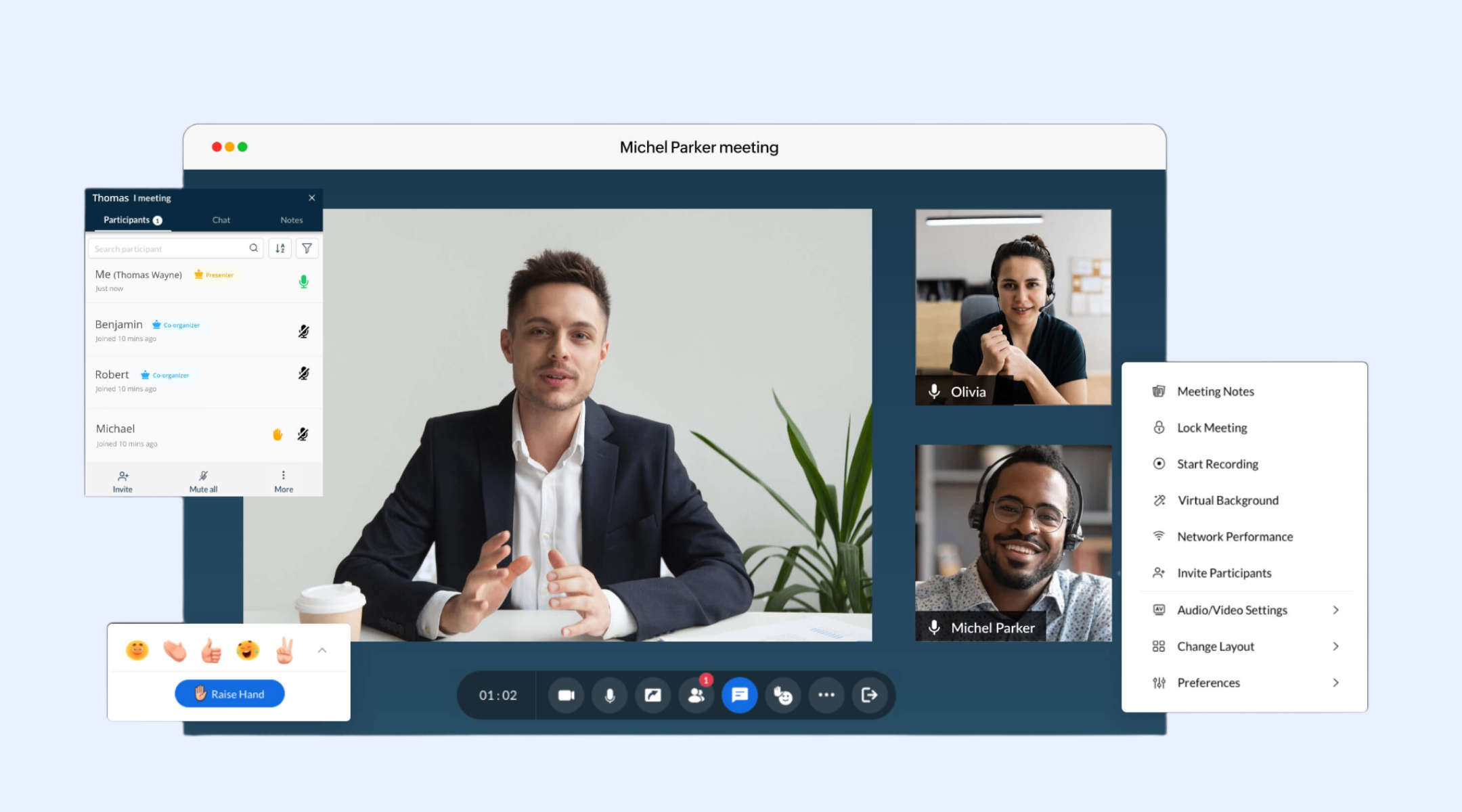 Zoho Meeting webinar dashboard showing attendees, chat, and screen sharing