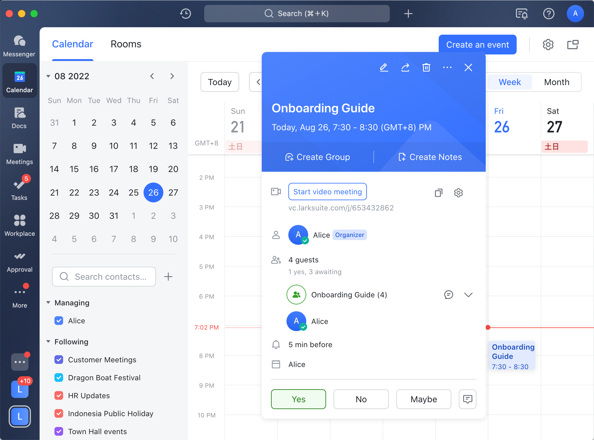 Employee onboarding workflow simplified with Lark Calendar