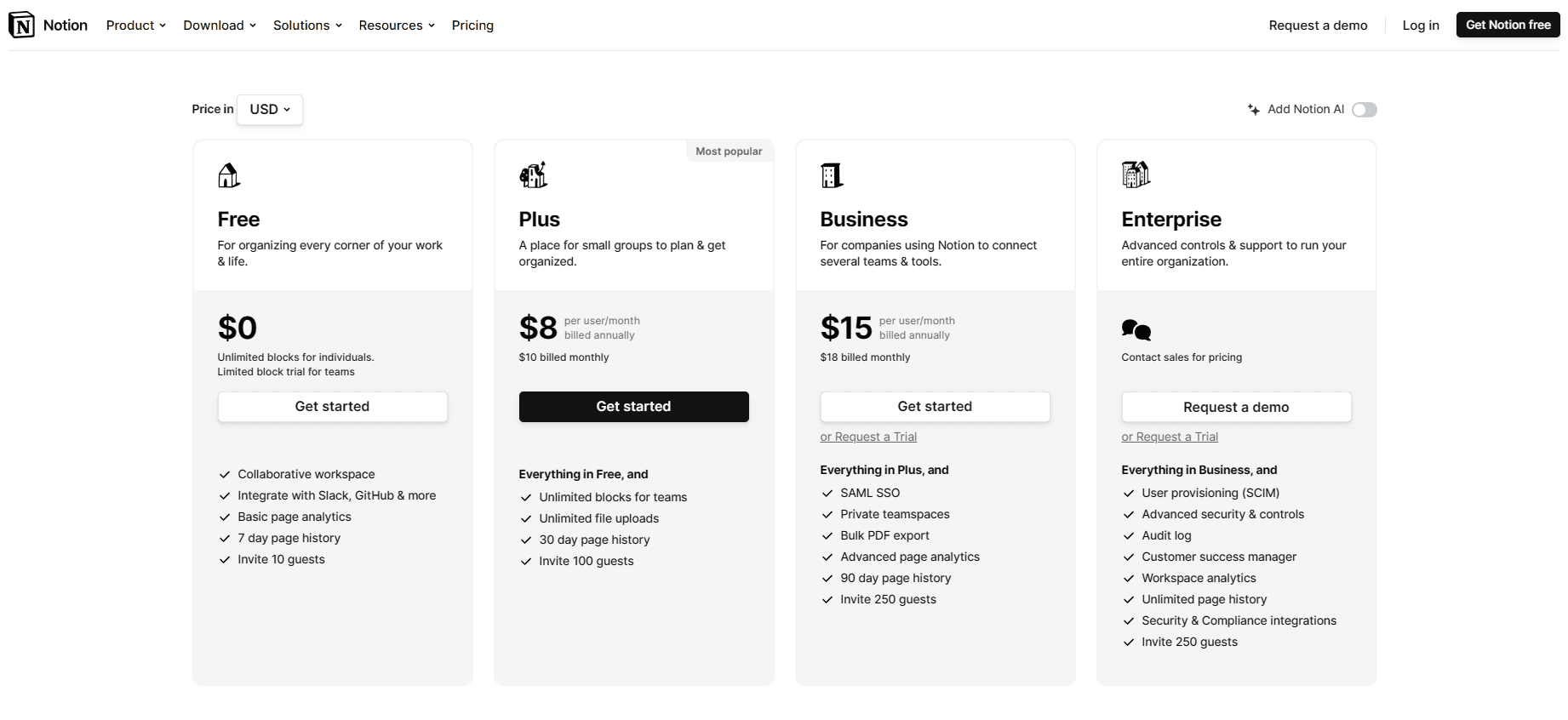 Screenshot of Notion's pricing page