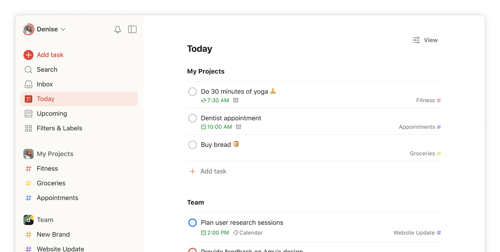 Interface of todoist, showing task tracking for a project