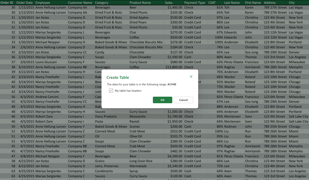 Excel table