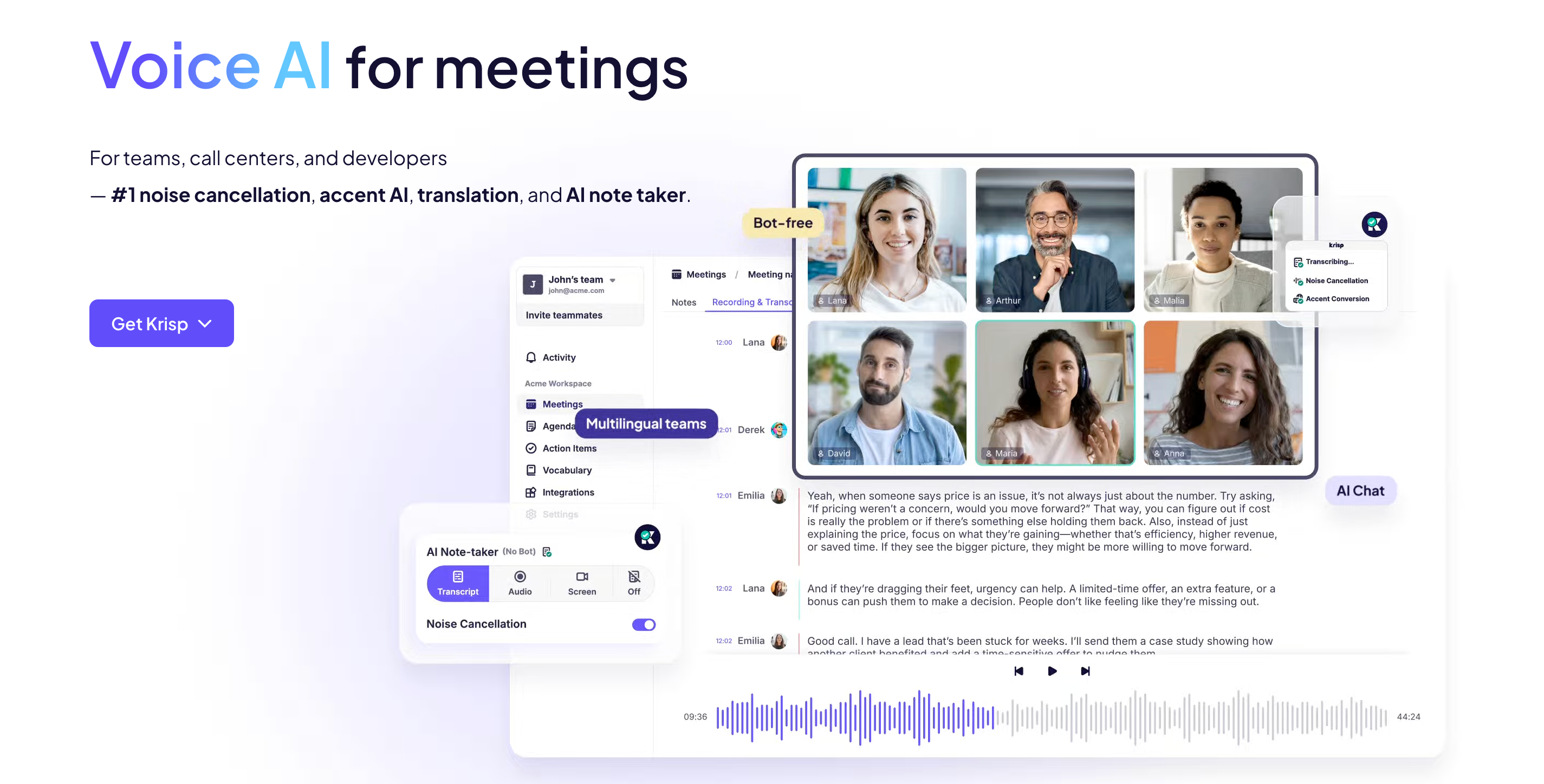 Interface of krisp.ai, a meeting minutes ai app