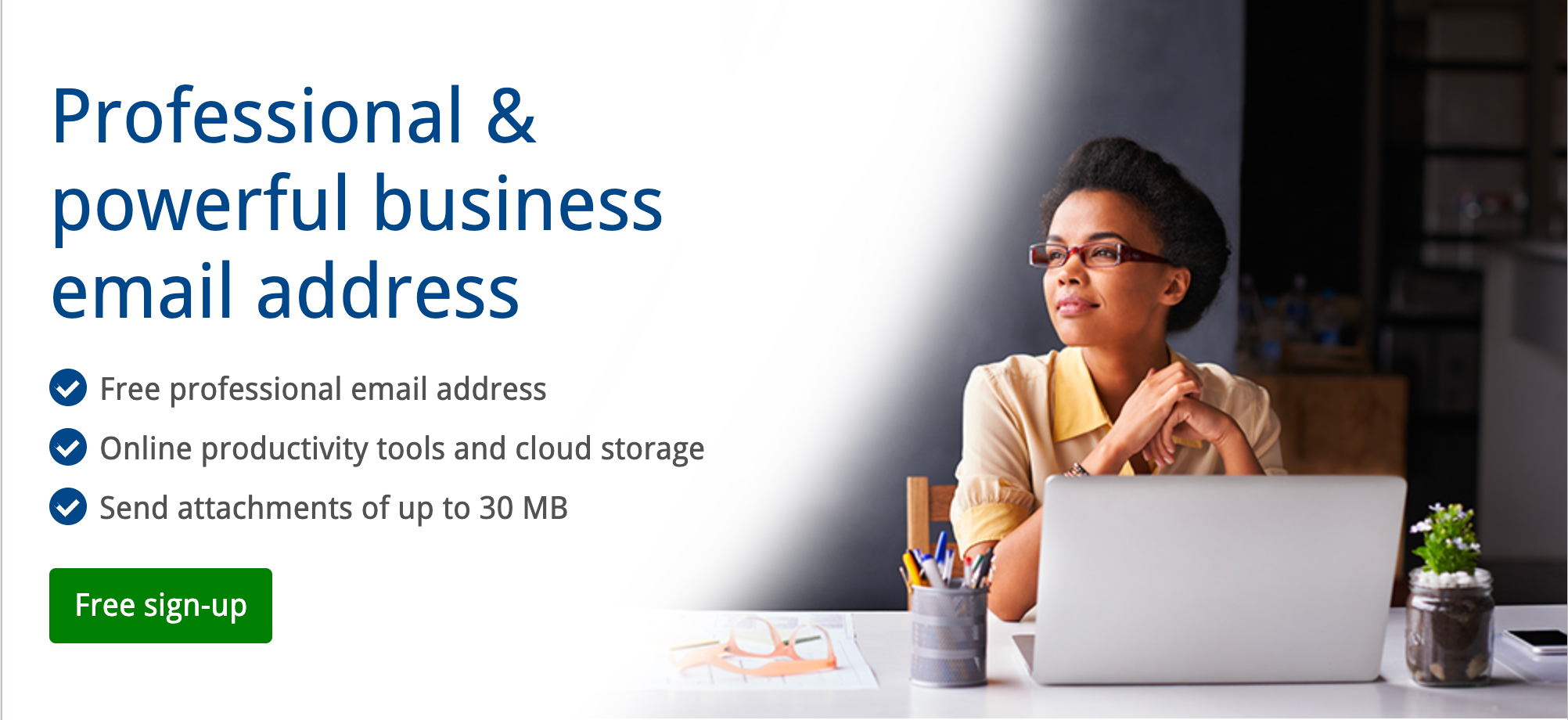 Screenshot of the mail.com business email page with the headline and key features including free professional email, productivity tools, and cloud storage.