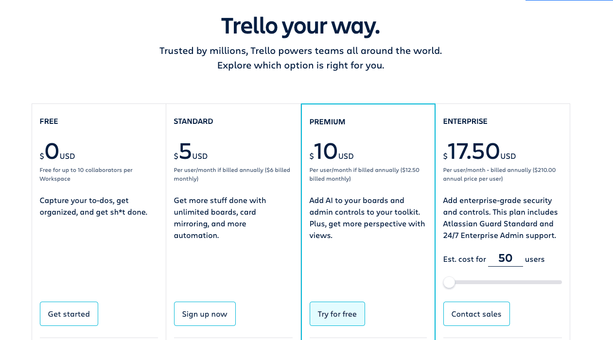 Trello pricing plan