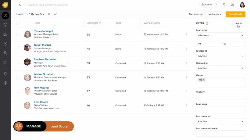 Freshsales CRM showing leads, deals, and workflow automation