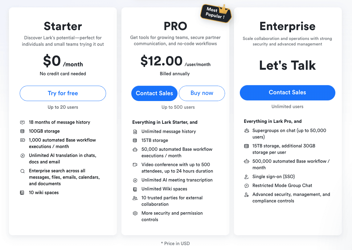 Lark pricing plans&nbsp;