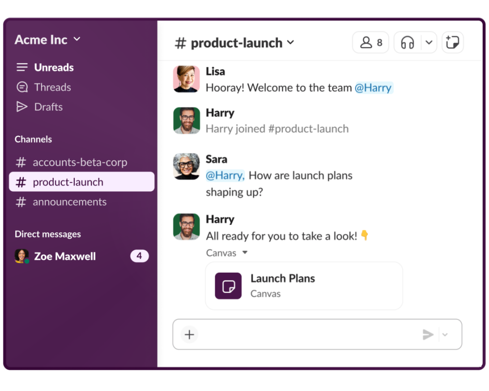 Slack for real-time messaging and team channels for business