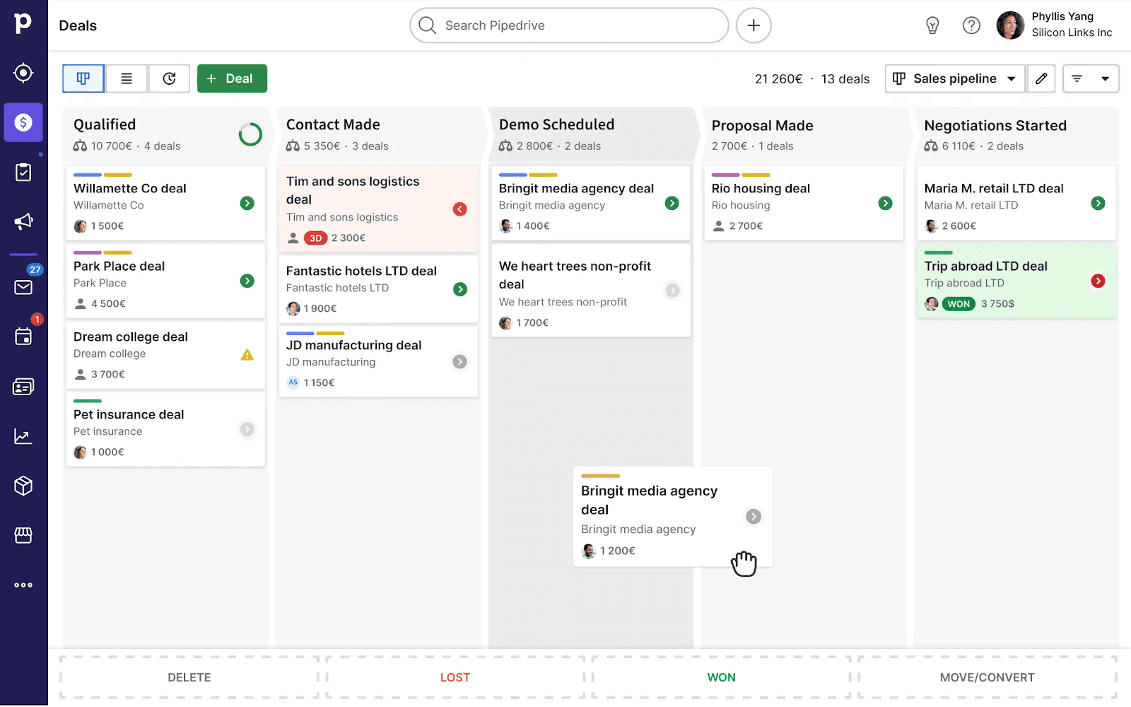 Pipedrive’s board view showing deals in different stages.&nbsp;