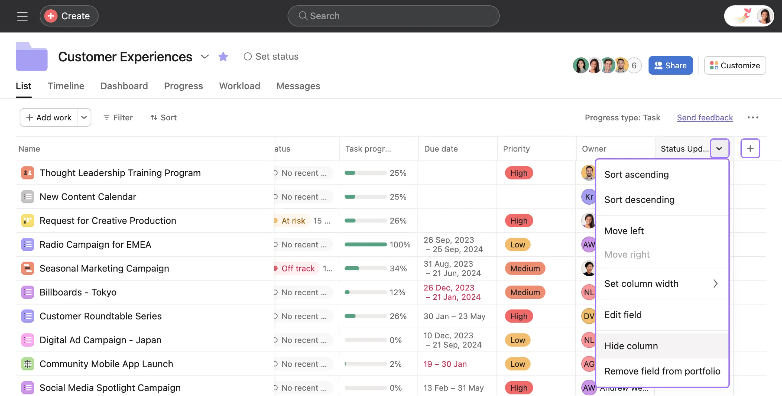 Project portfolio views in Asana