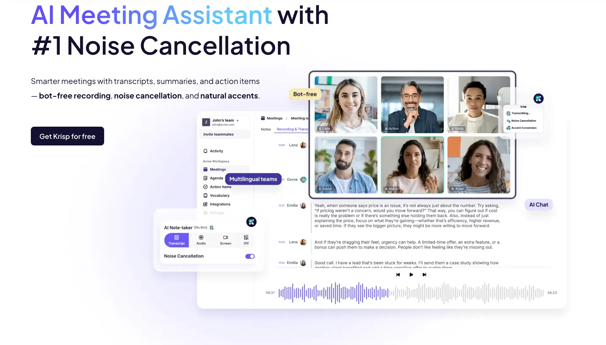 Krisp AI: Noise cancellation and meeting transcription AI