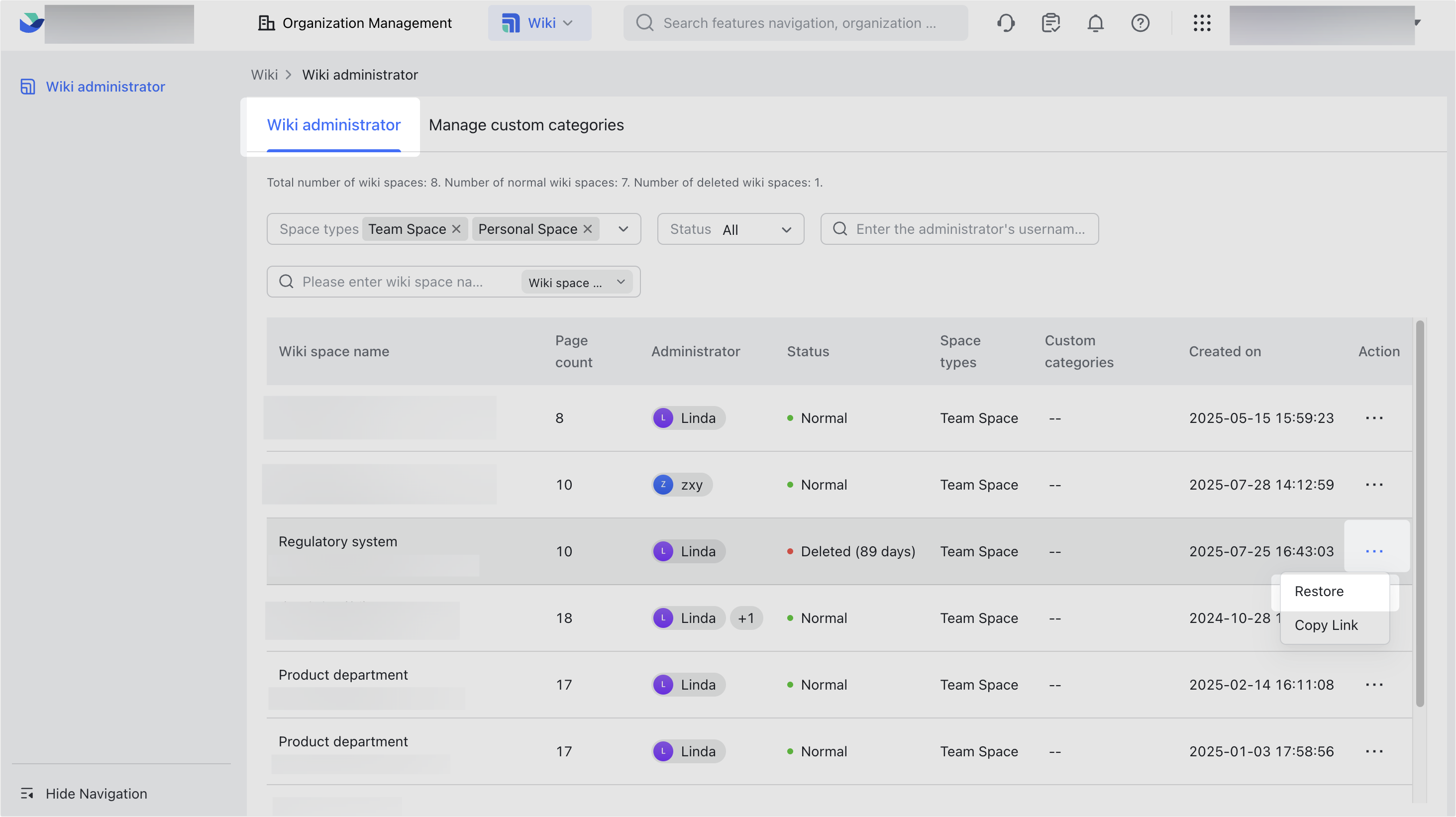 Delete and restore wiki spaces