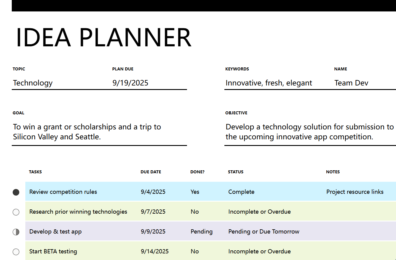 Goal planner template