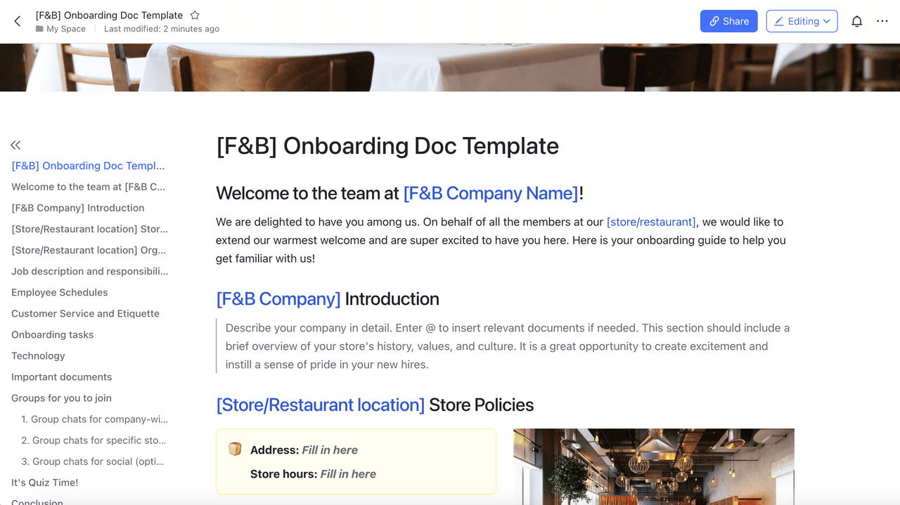 food and beverage onboarding document example that helps your frontline team get all they need to know without switching different tabs.