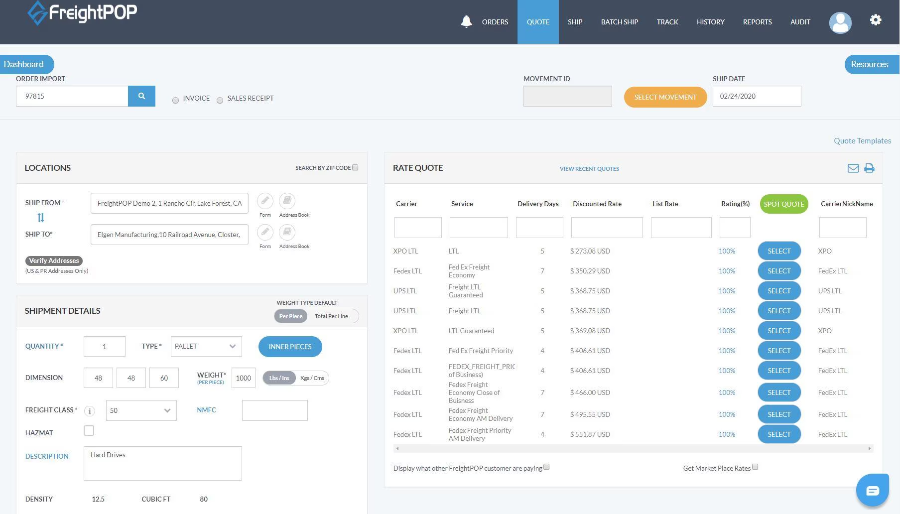 FreightPOP freight management and logistics optimization platform