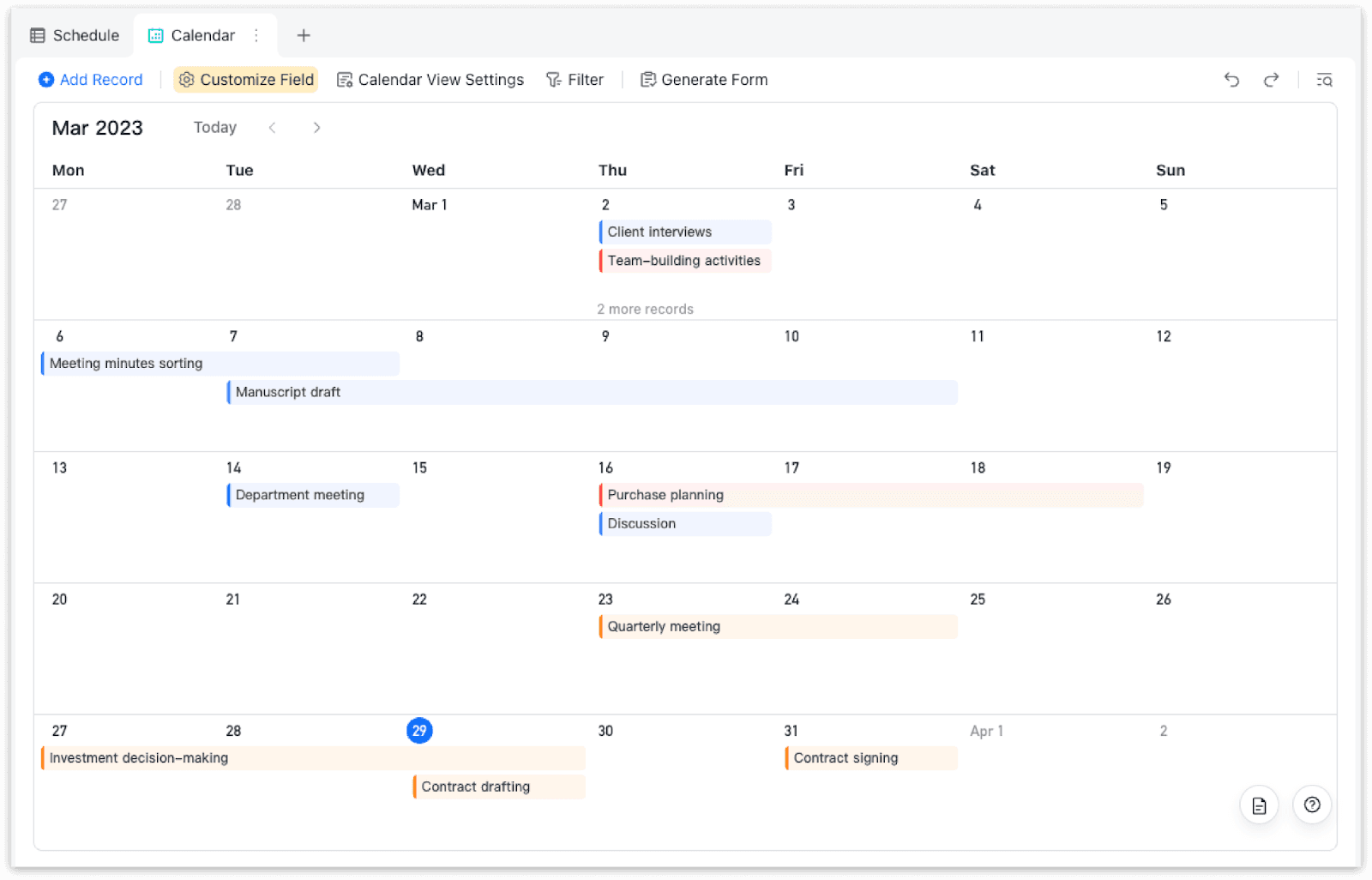 Lark Base calendar view&nbsp;