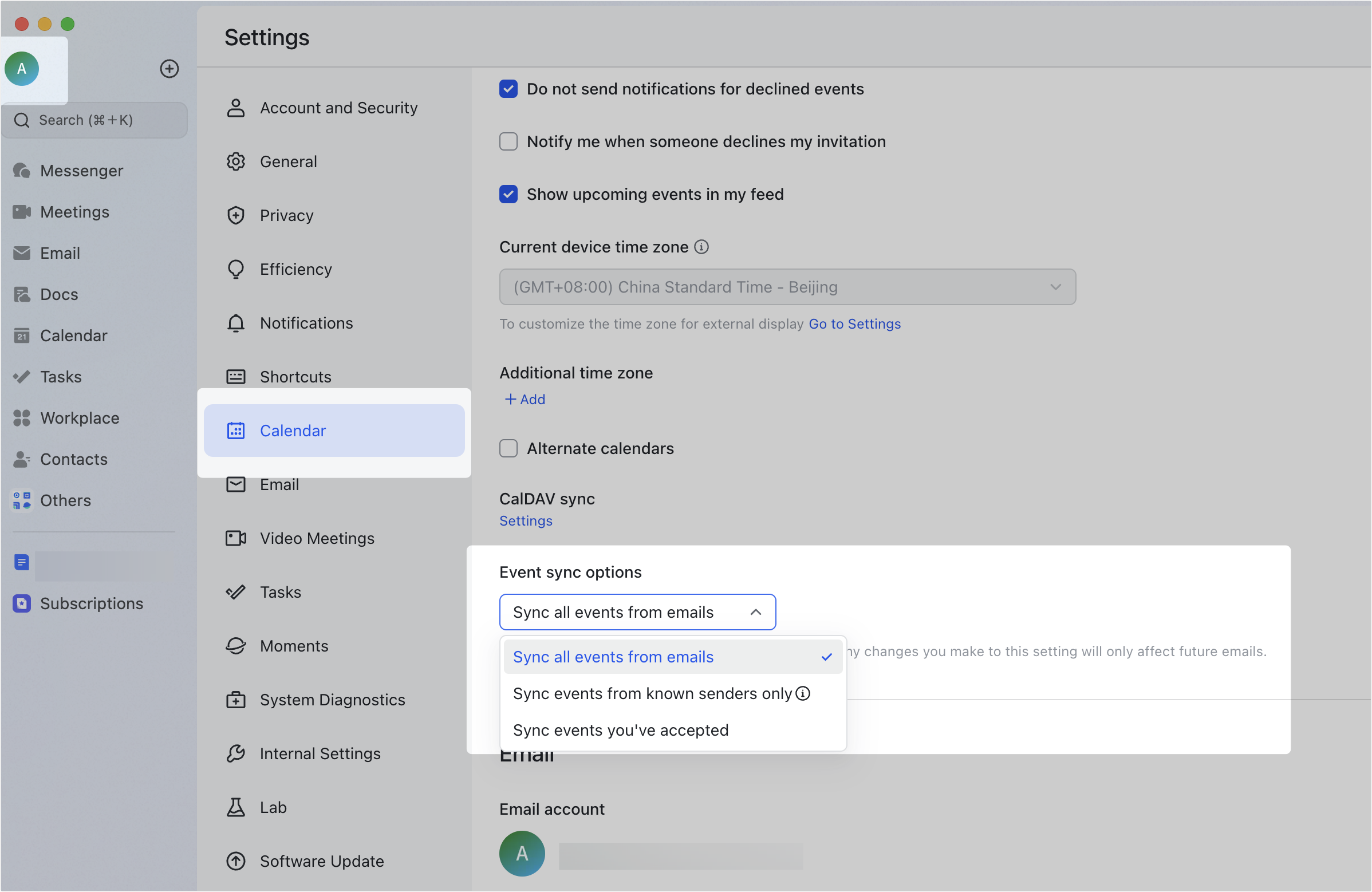 Set the sync scope of email events