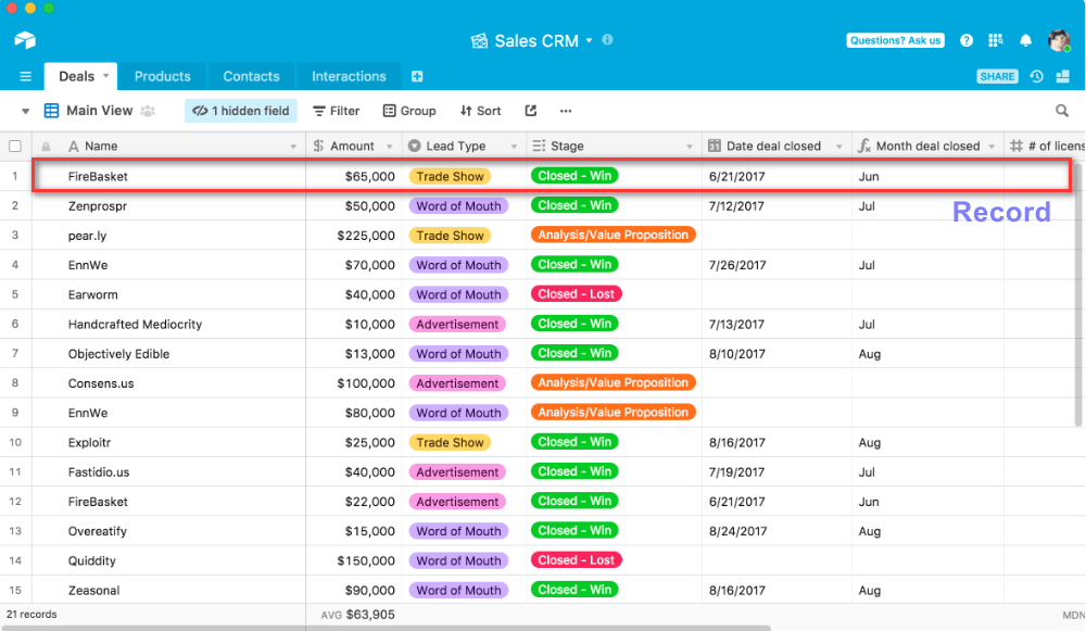 Airtable sales CRM grid view with deal records