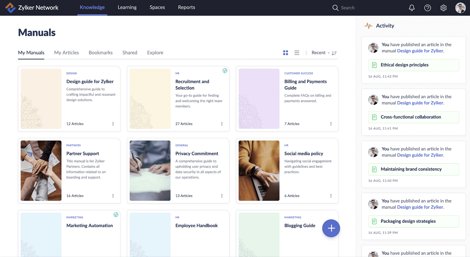 Interface of Zoho Desk knowledge base