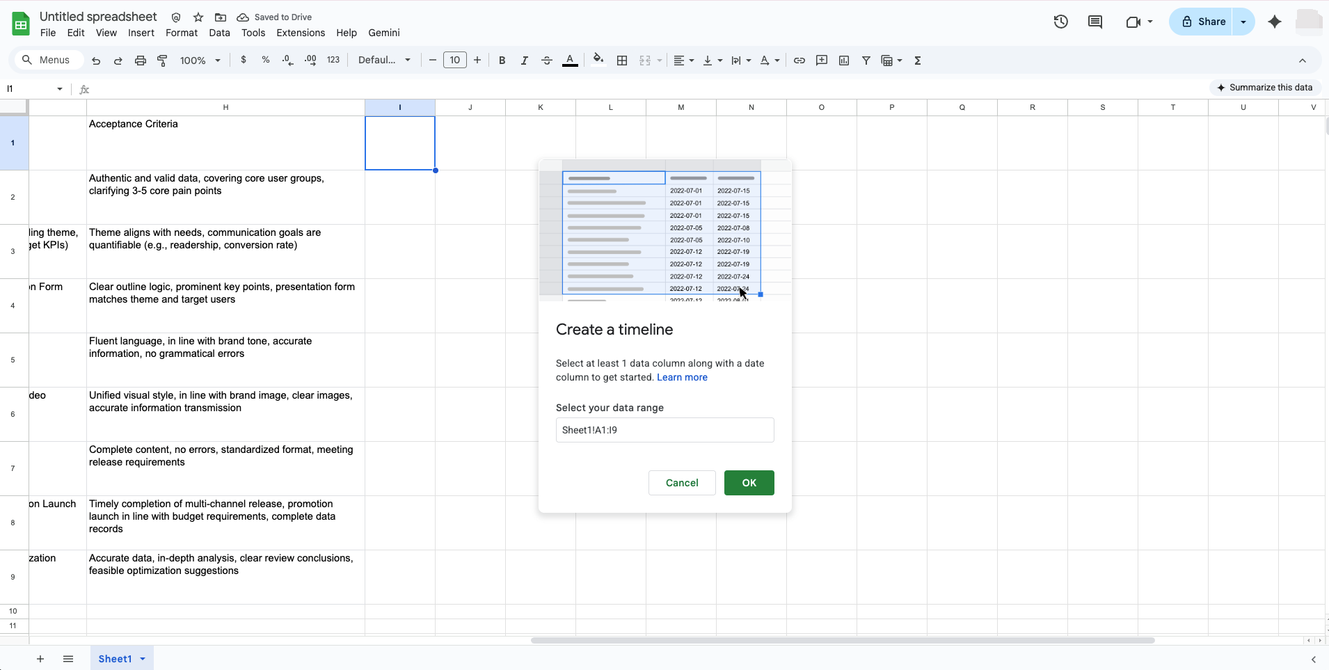 Inserting the timeline in Google Sheets