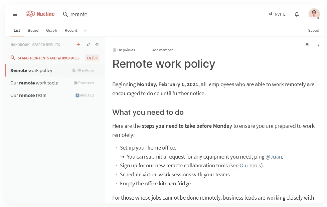 Screenshot of Nuclino's dashboard