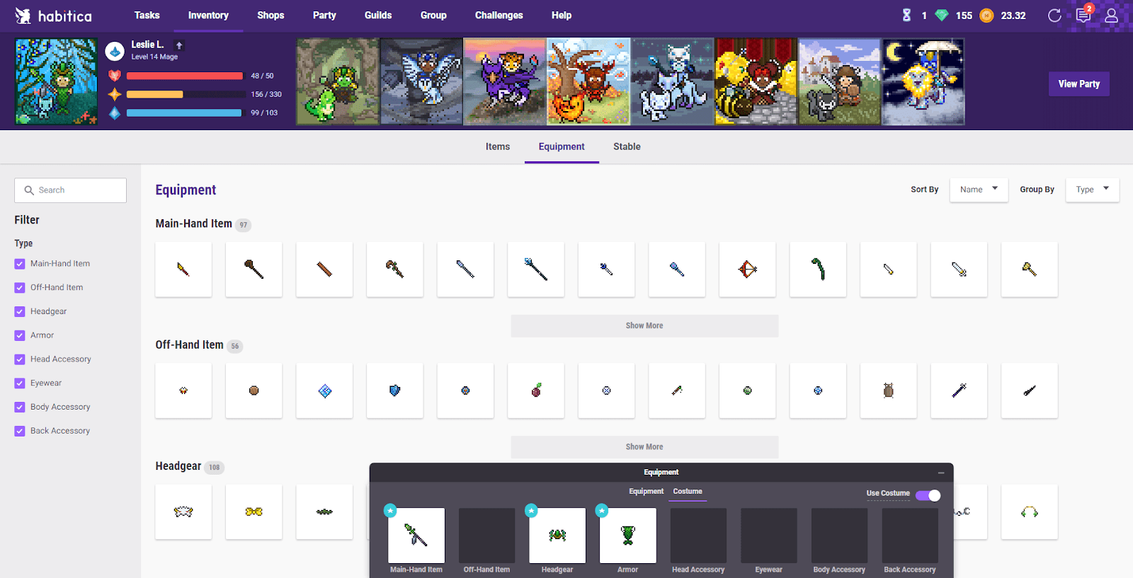 Screenshot of the Habitica webpage