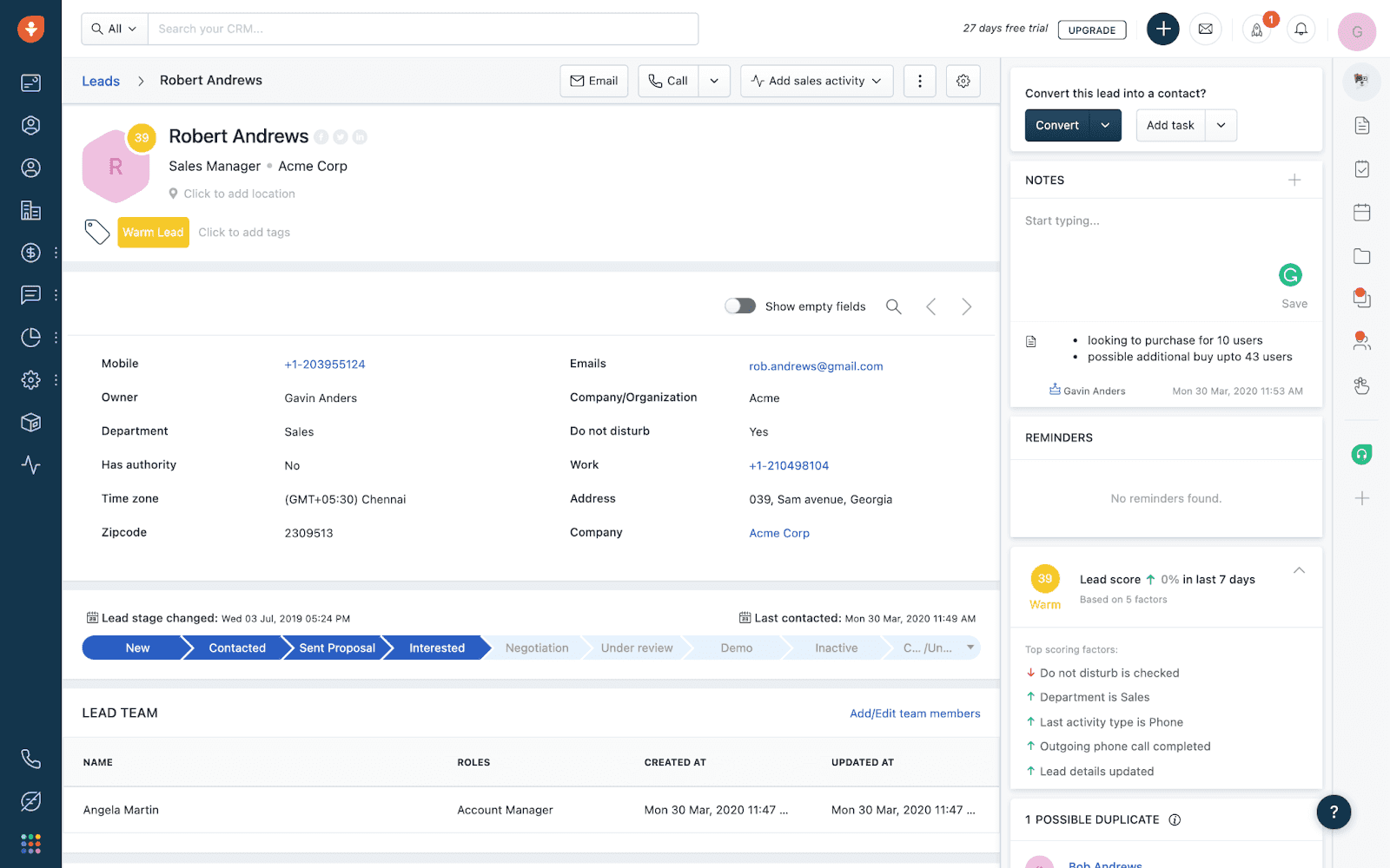 interface of Freshsales CRM system