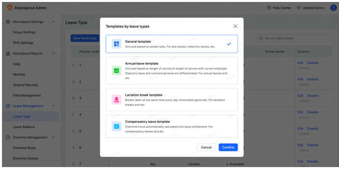 Screenshot of managing employee leave in Lark