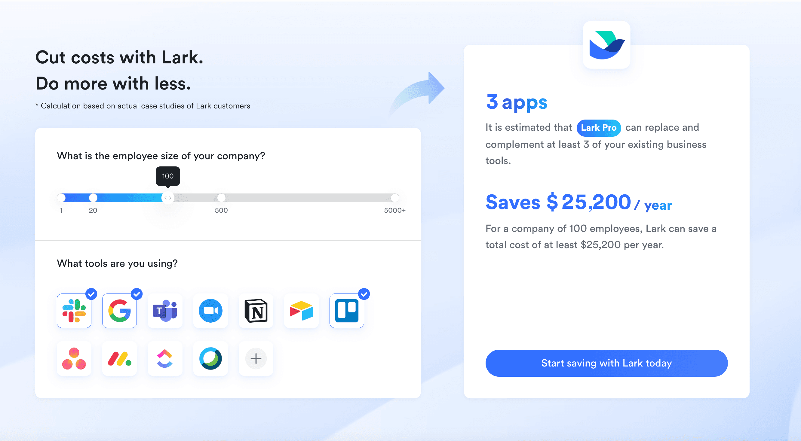 A pricing calculator to check how much money you can save by switching to Lark
