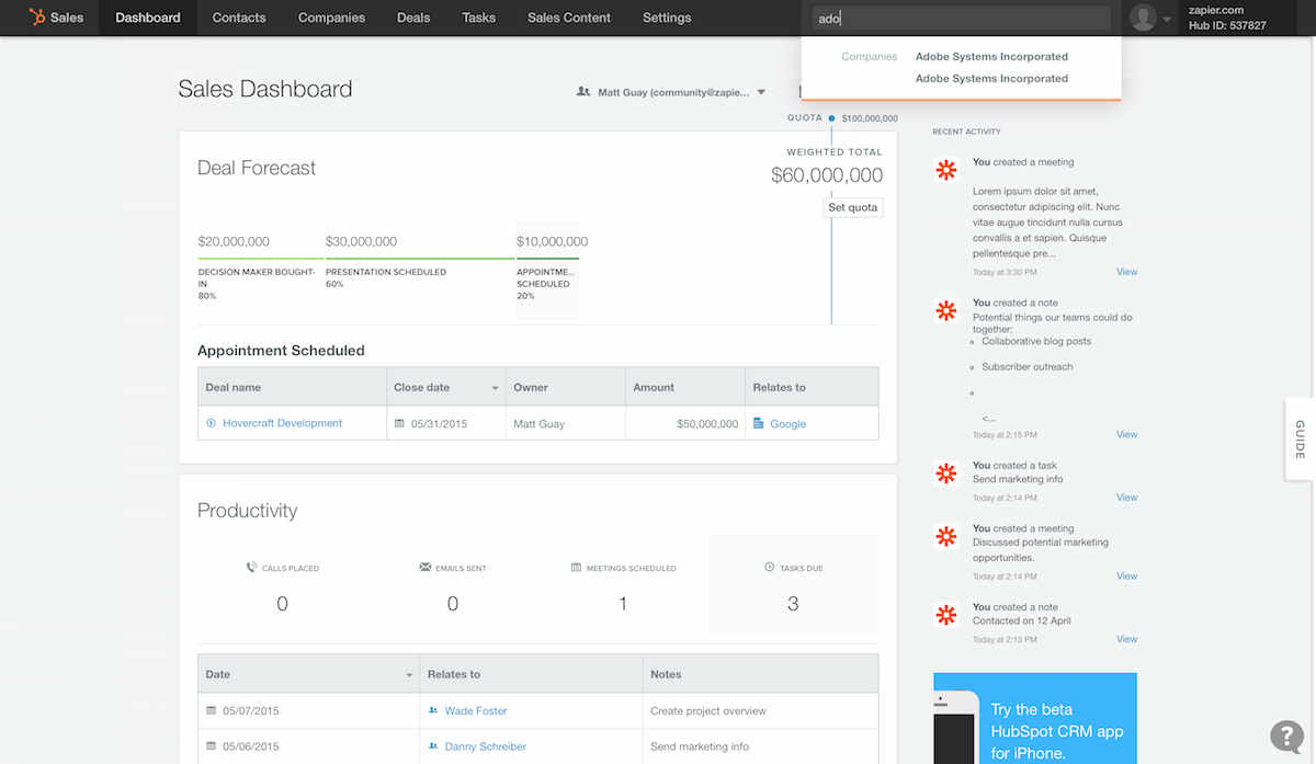 Zapier lead management dashboard