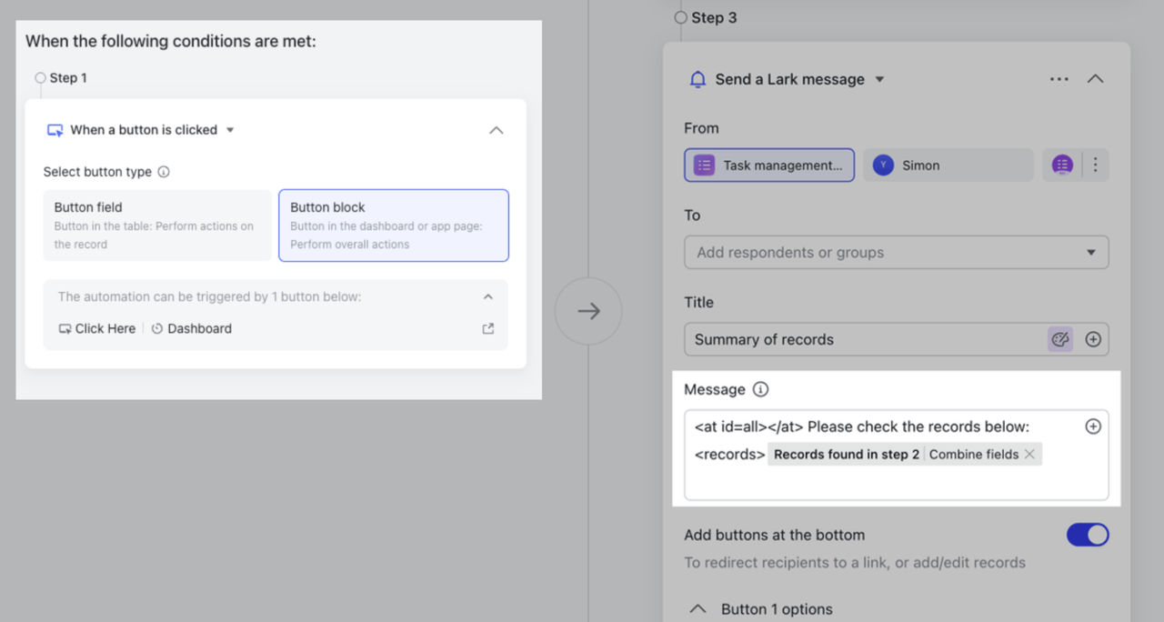 Use button blocks in Base dashboards