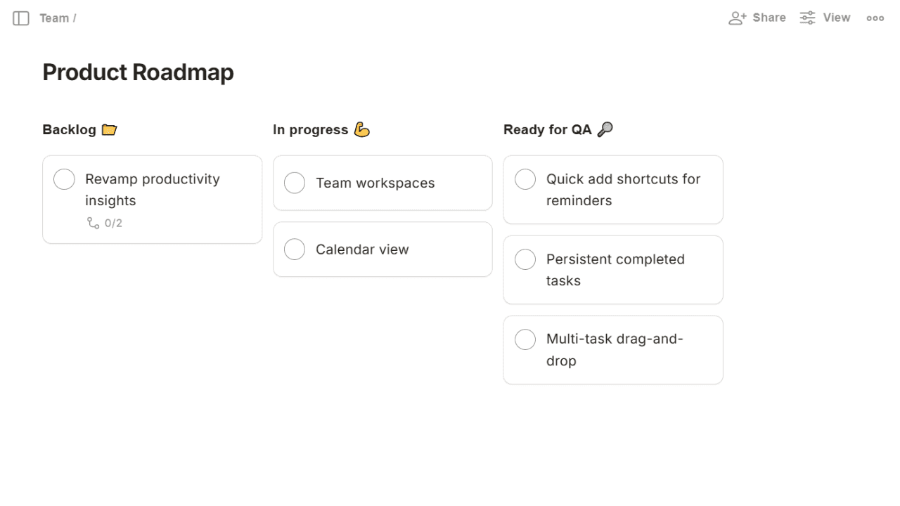 Todoist’s task manager, with product roadmap as an example