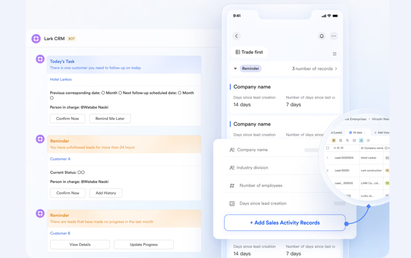 Reminder feature in Lark that assists in updating work and responsibilities