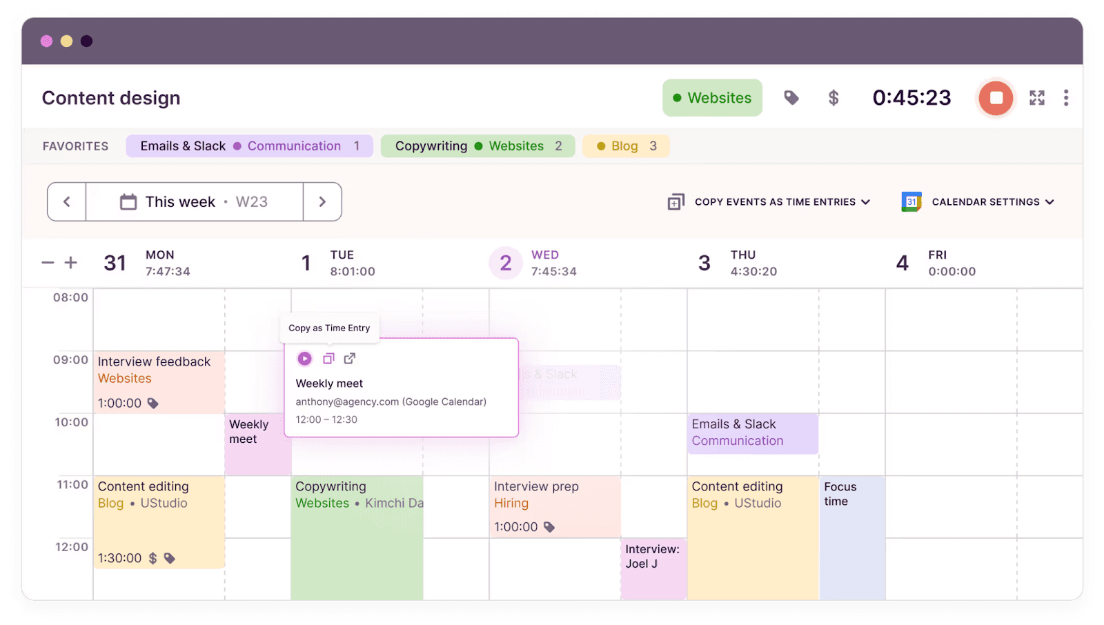 Interface of Toggl Track