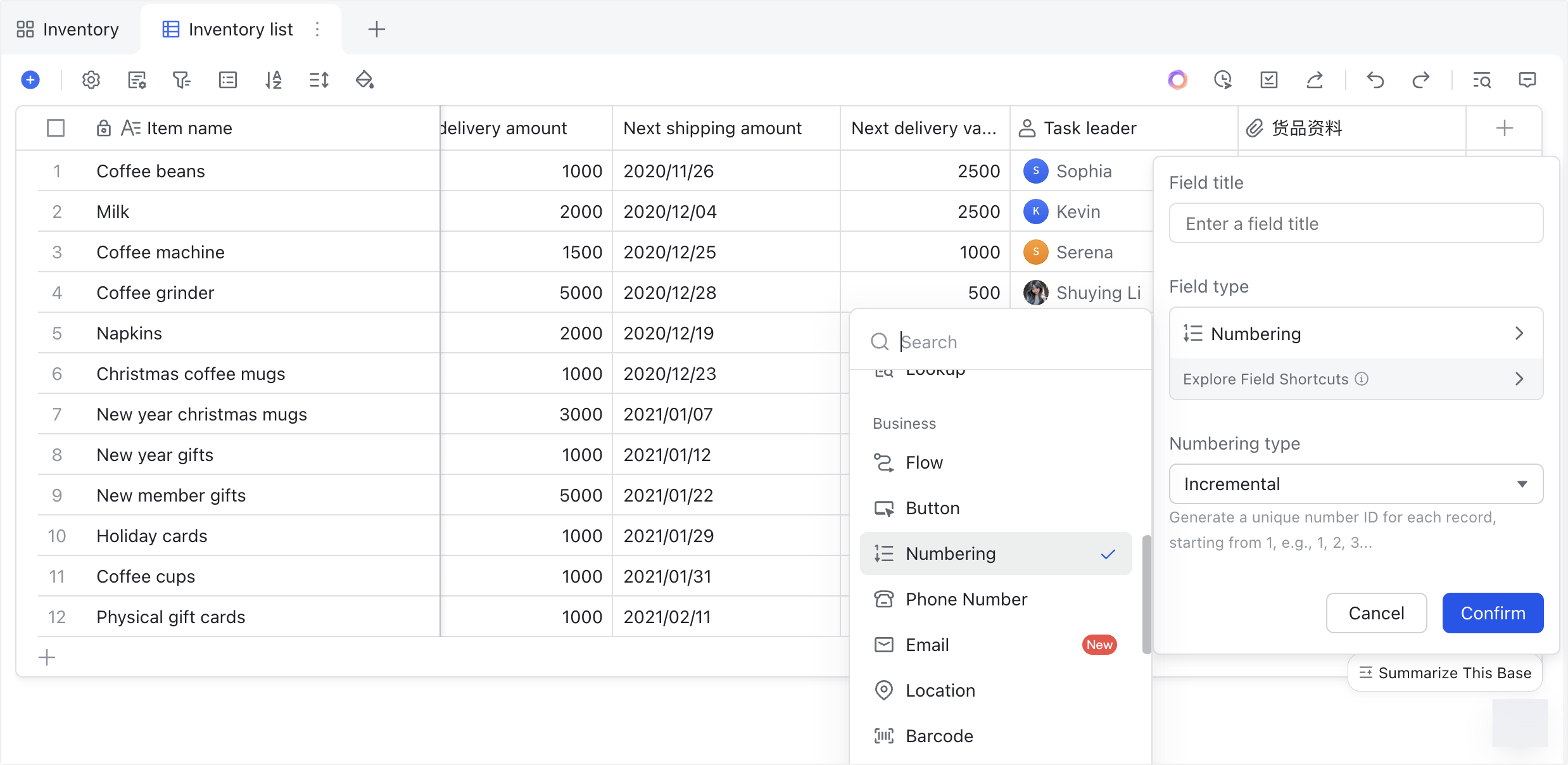 Use the numbering field in Base