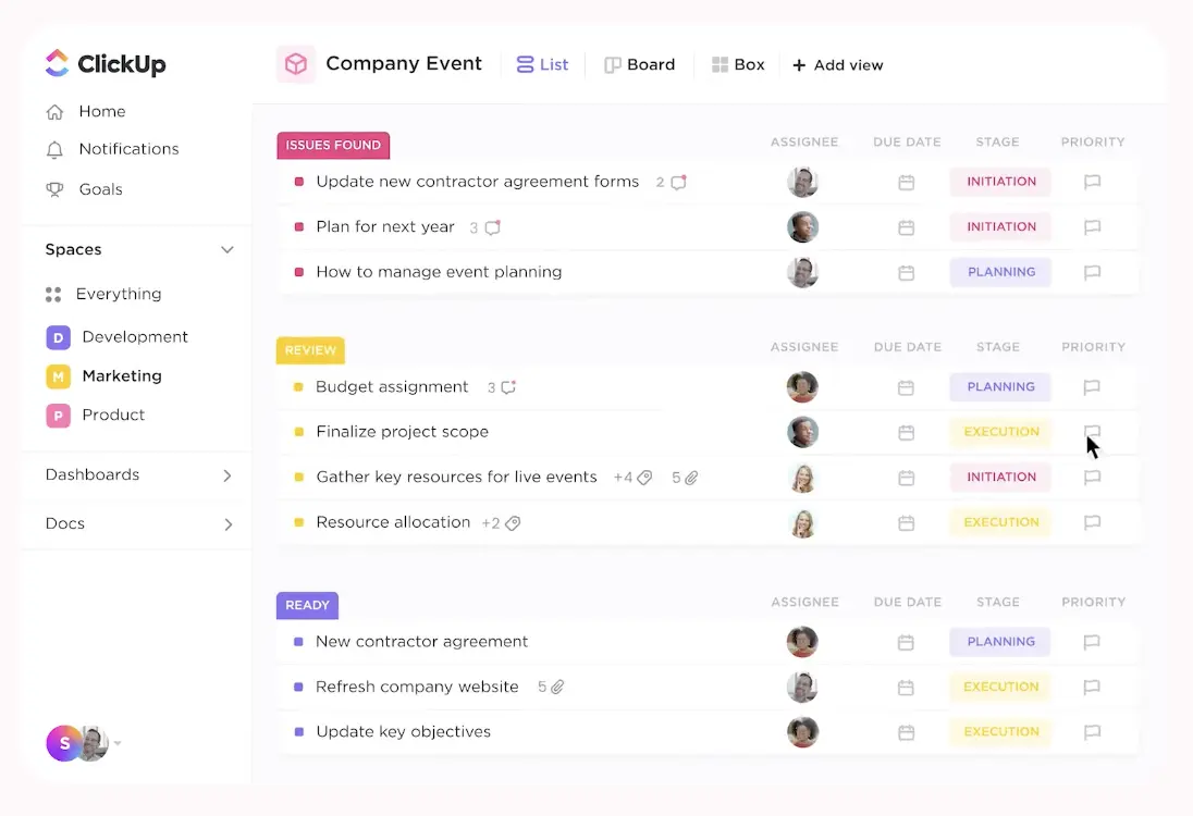 ClickUp project workspace showing tasks, timelines, and custom views