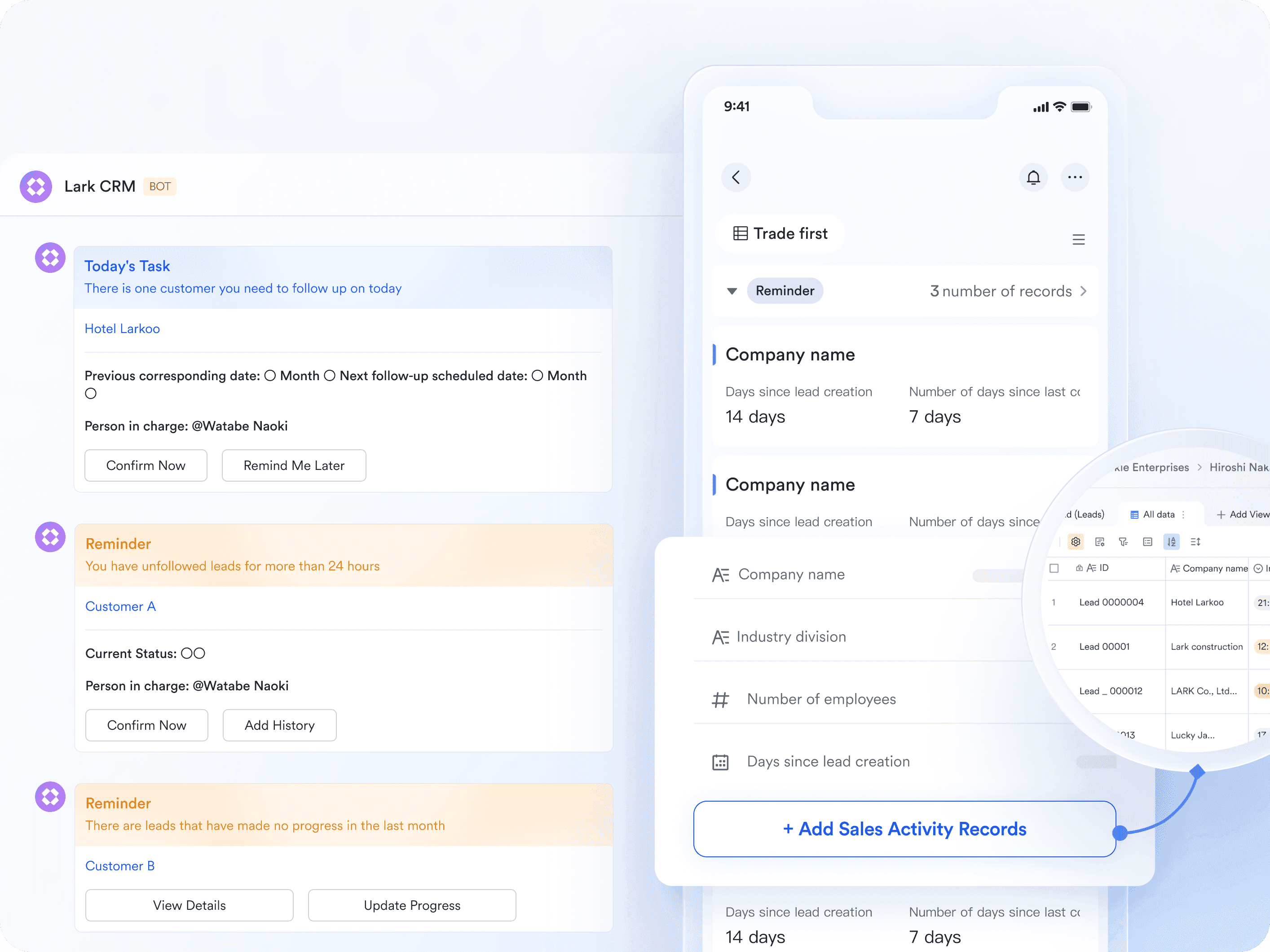 Mobile-friendly CRM design of Lark
