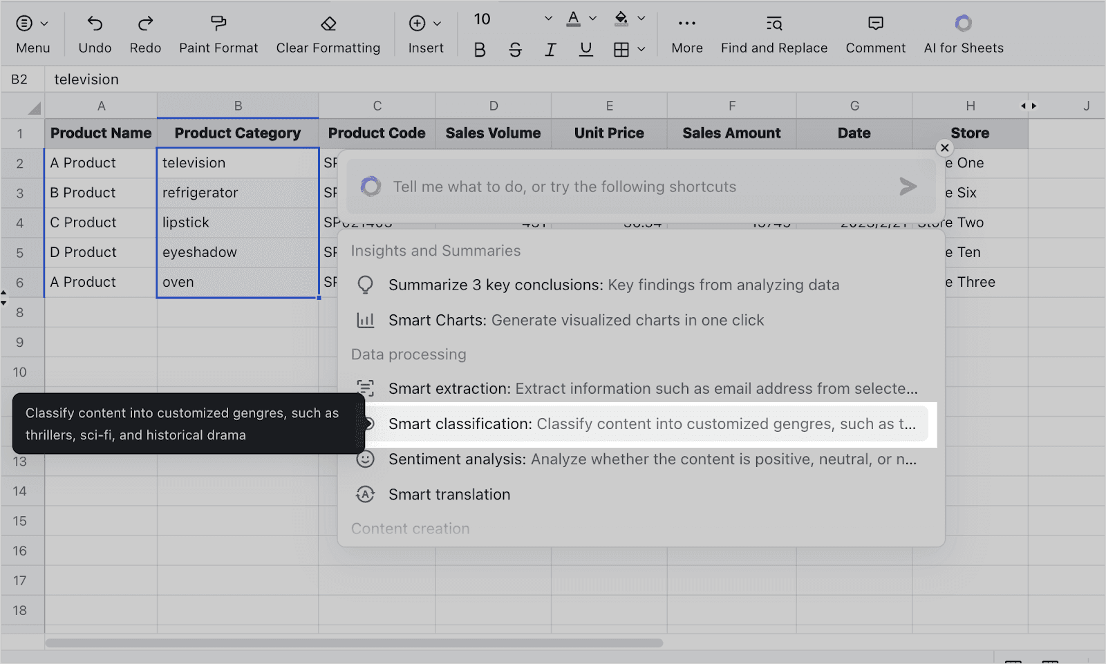 AI-powered smart classification in Lark Sheets