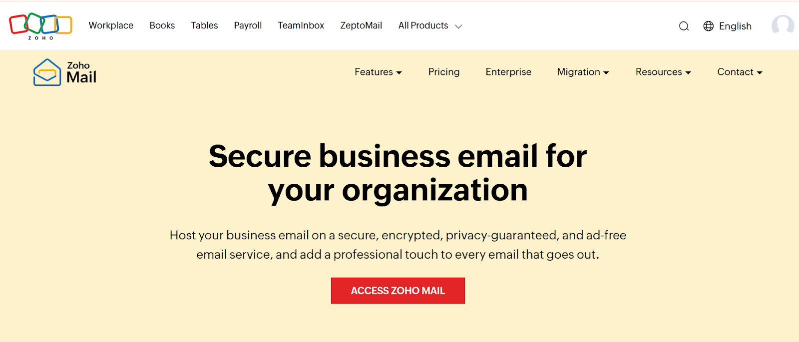 Zoho Mail Business Email Page