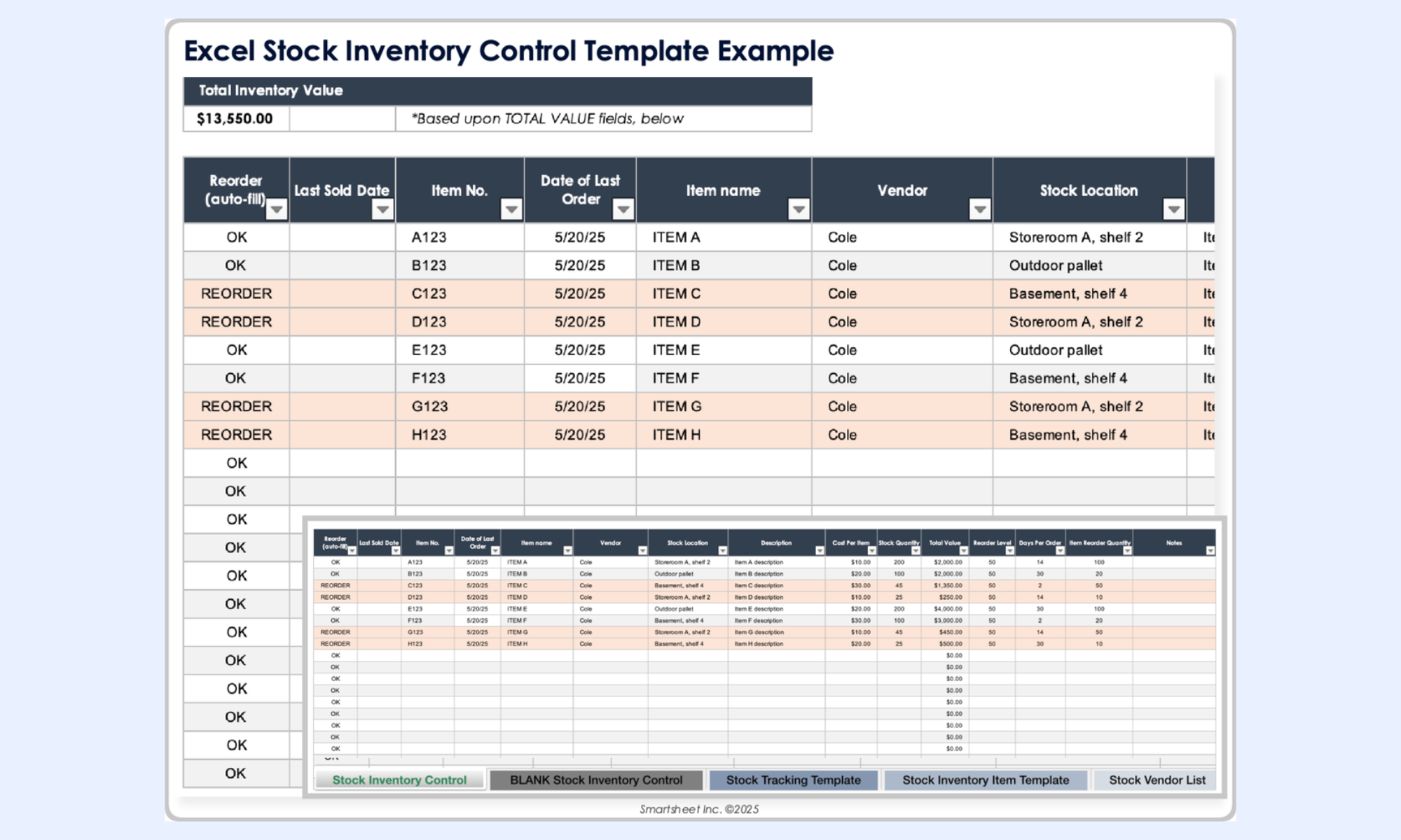 Organize the stock data using this template