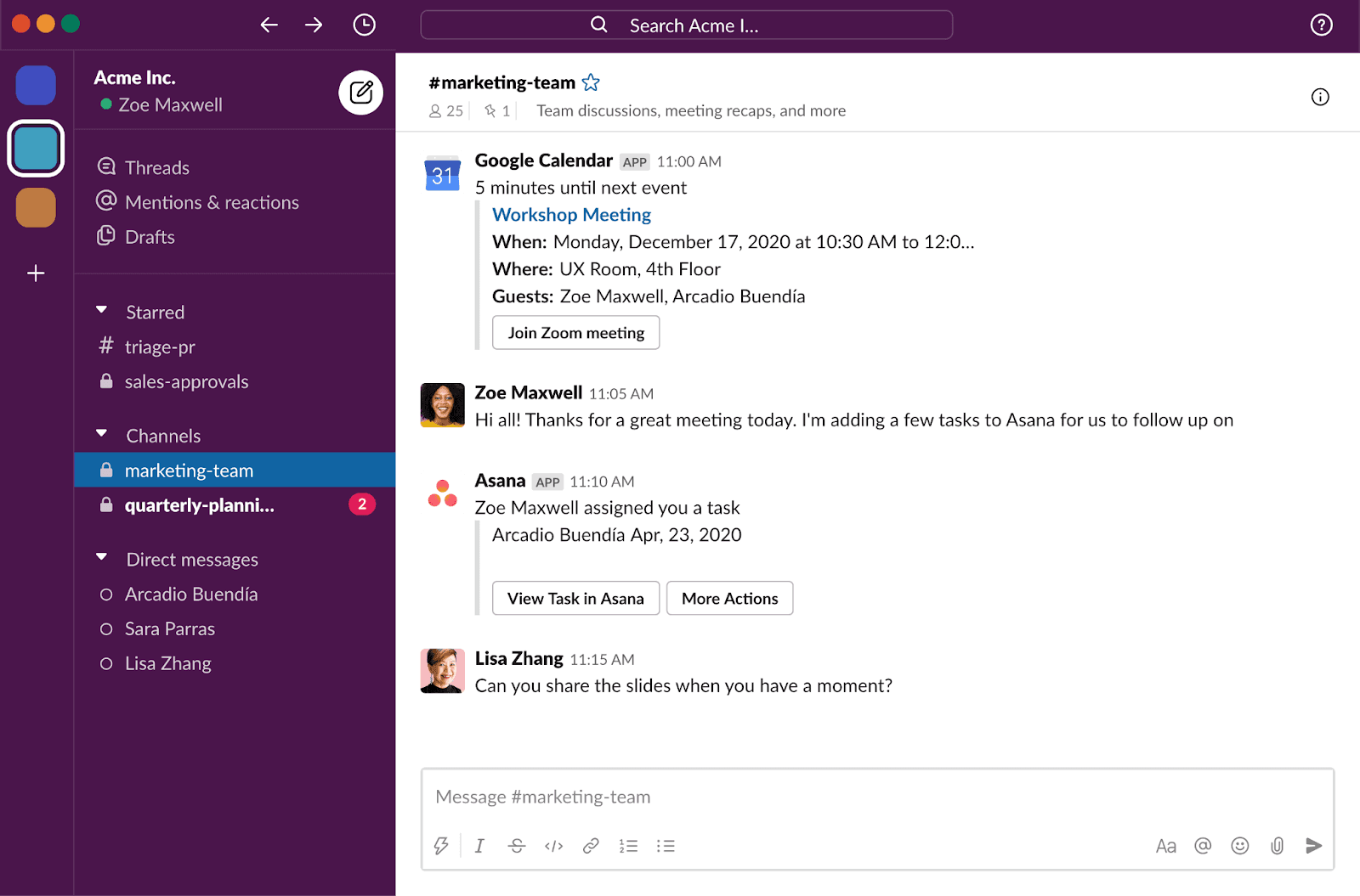 A marketing team channel in Slack