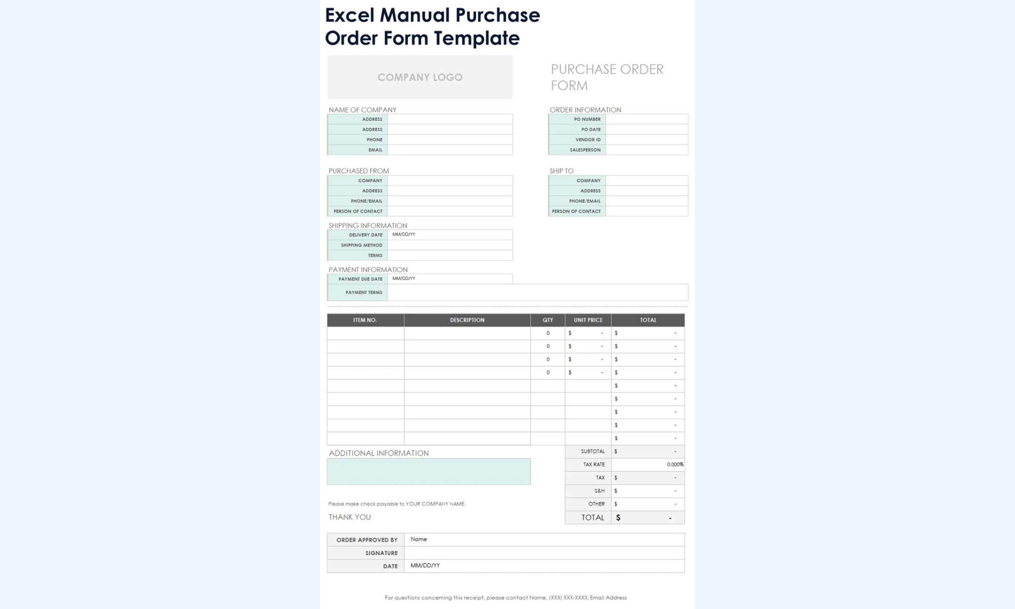 Excel manual purchase order form template