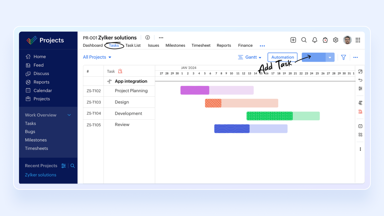 Zoho project's main interface