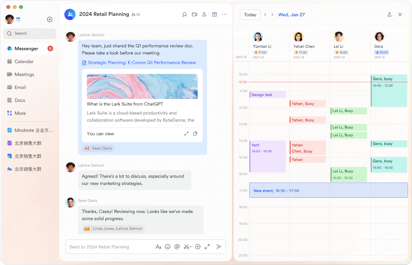 Image showing Lark's messenger and calendar functions
