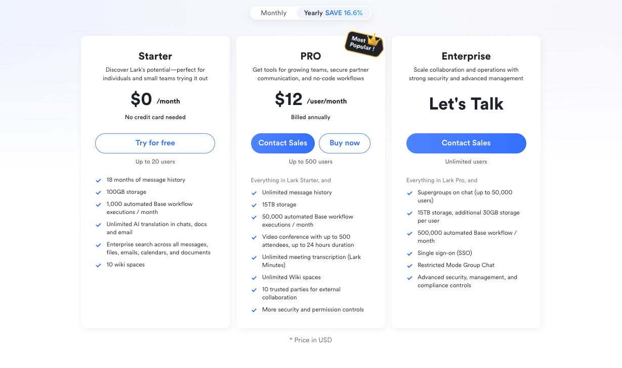 Lark's pricing page