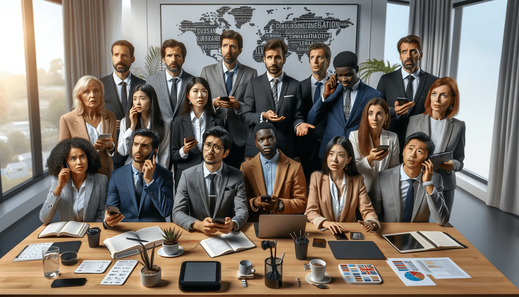 a diverse group of professionals in a modern office setting, highlighting the challenges and dynamics of communication in a multicultural environment