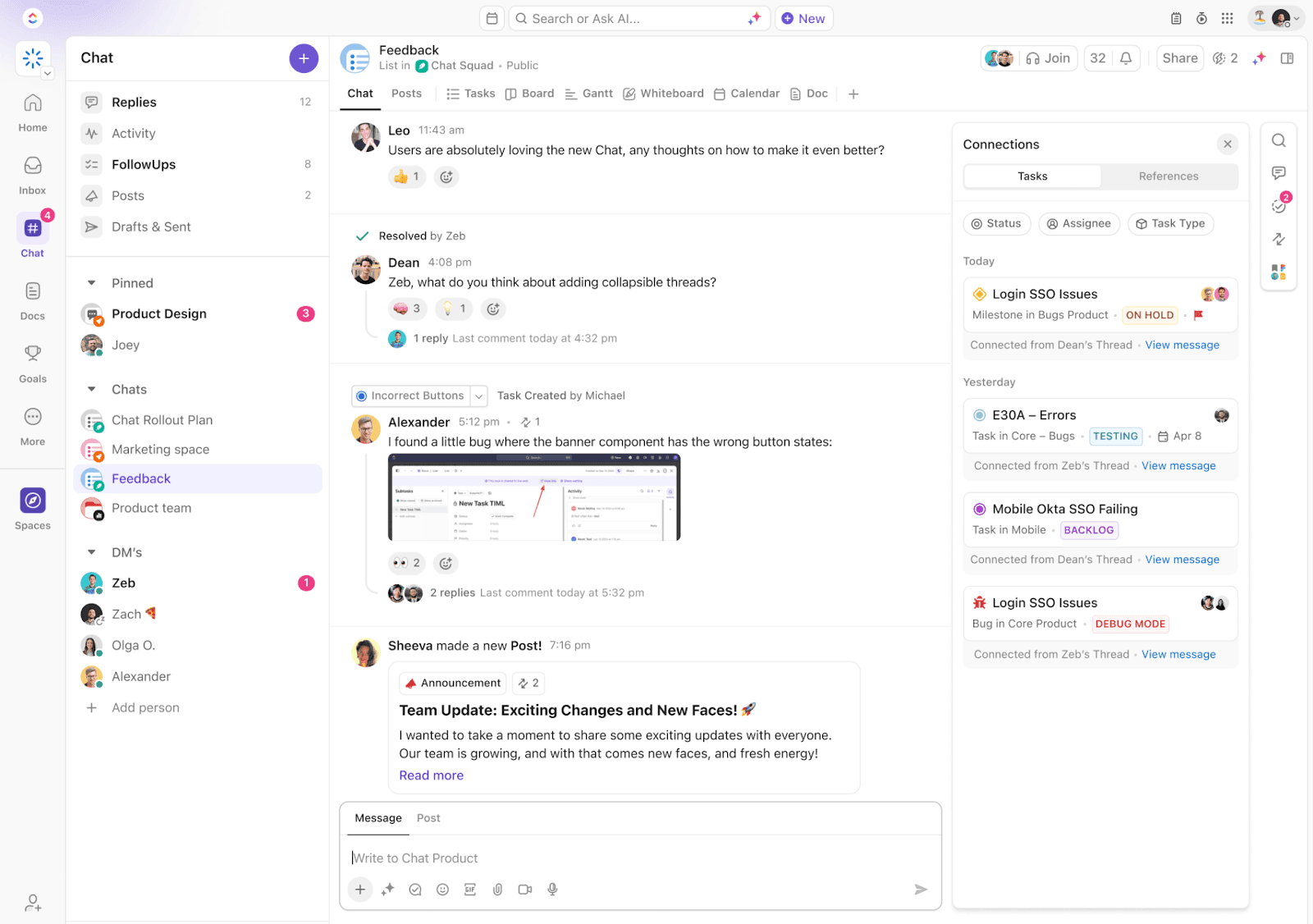 ClickUp workspace with chat and task lists